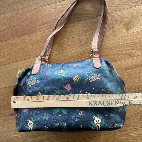 Vintage Brahmin Floral Leather Shoulder Bag Black Brown Double Strap Medallion - Picture 7 of 11